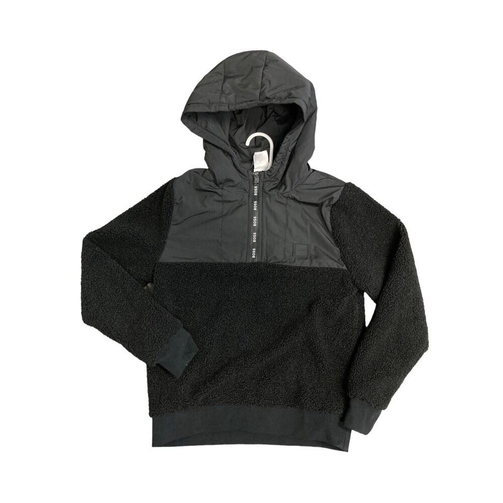 HUGO BOSS Boys Black Faux Fur Shearling Hooded Logo Sweatshirt Jacket Size 10 - Picture 1 of 7